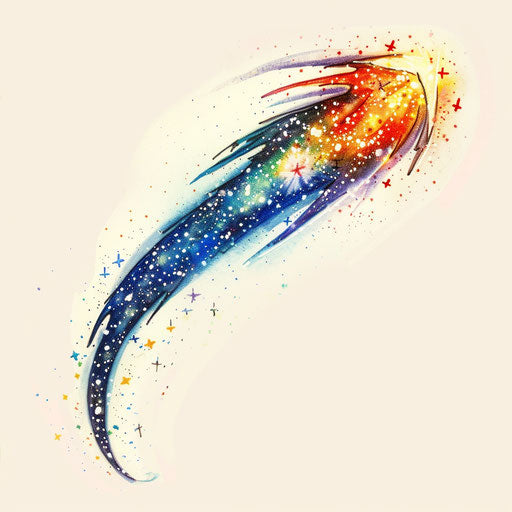 Whimsical tattoo sketch of a comet with a colorful, sparkling tail in glittery tones