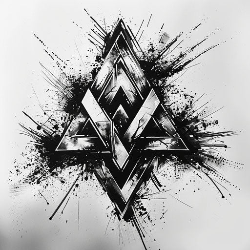 Dynamic tattoo sketch of Valknut with ink splashes