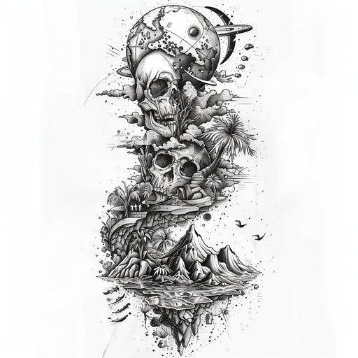 Surrealist inspired flat tattoo sketch of Earth, with dream-like sequences and unexpected elements