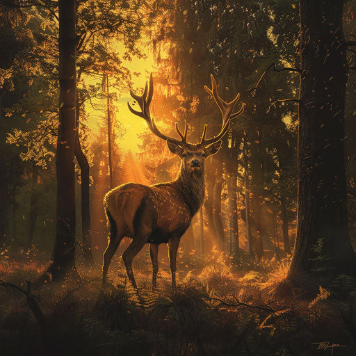 Deer in a forest clearing at sunrise