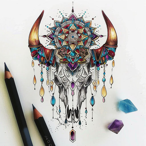 Bohemian tattoo sketch of a cow skull with intricate mandala patterns and rich jewel tones