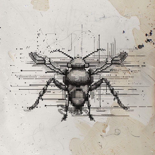 Contemporary flat tattoo sketch of an ant with digital pixel art details