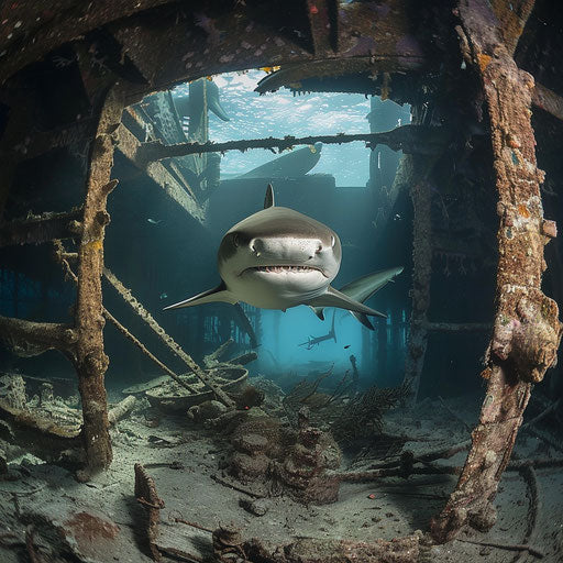 Bull shark navigating through a sunken shipwreck