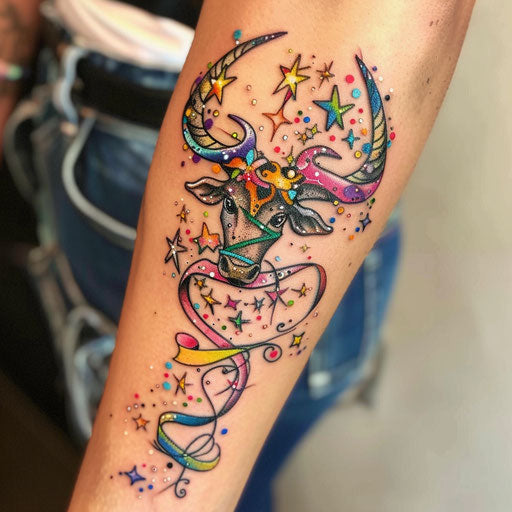 Vibrant tattoo sketch of Taurus constellation with festival theme