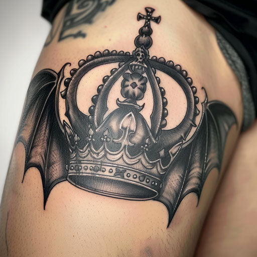 Gothic king crown tattoo with bat wings in black and gray