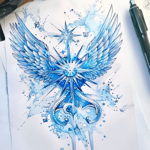 Ethereal flat tattoo sketch of the North Star with angelic wings and heavenly blue tones
