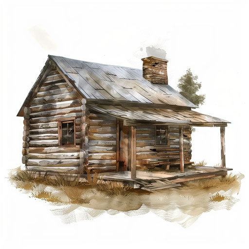 Photo realistic cabin clipart on flat white background, textures softened