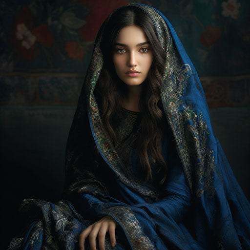 Blue dress for girls 2019, candid moments style, qajar art, Indian traditions, dark brown, emotive gestures, lovely