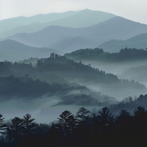 Stylized Appalachian Mountains, late afternoon foggy weather