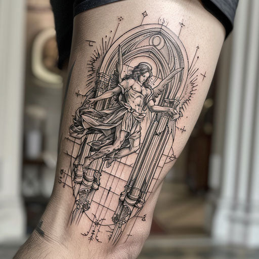 Gothic tattoo of Saint Michael on white canvas