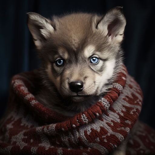 Young American grey wolf in grey sweater, dark maroon and light blue