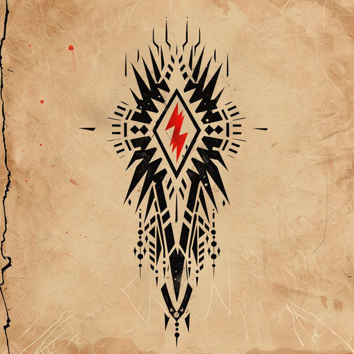 Ancient thunderbolt symbol surrounded by tribal motifs sketch