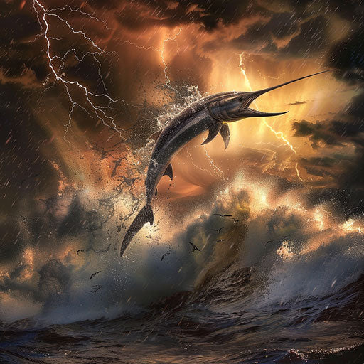Swordfish jumping out of water during dramatic ocean storm