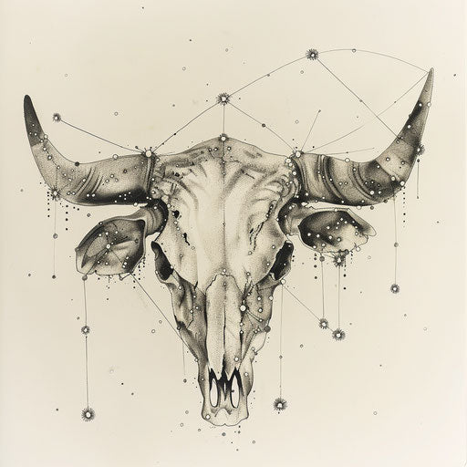 Bull skull with celestial theme on white background