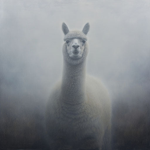 Mysterious alpaca in morning mist