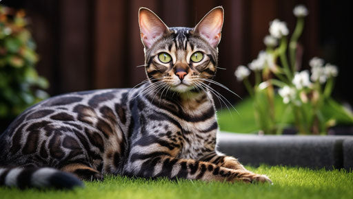 Bengal Cat Lying on Grass, Bold Structural Design