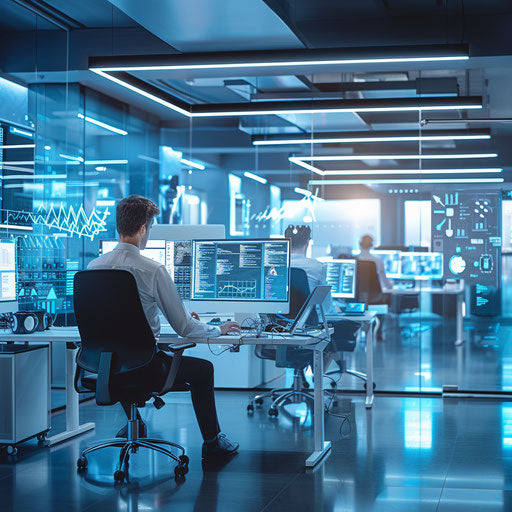 Innovative tech company office with coders, futuristic gadgets, ergonomic workstations