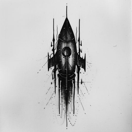 Gothic flat tattoo sketch of a dark, shadowy rocket at night