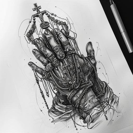 Sketch of a Chicano art praying hands with rosary