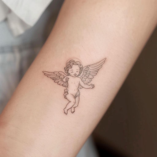 Minimalist angel tattoo outline on clean white background
