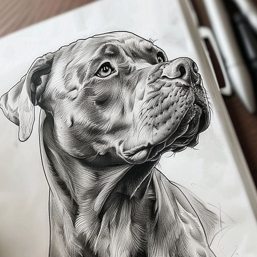 Classical portrait of a pitbull tattoo design, with fine details and soft shading, on a white paper background.