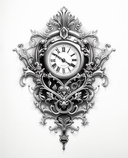 Black and white clock on white background, victorian-inspired