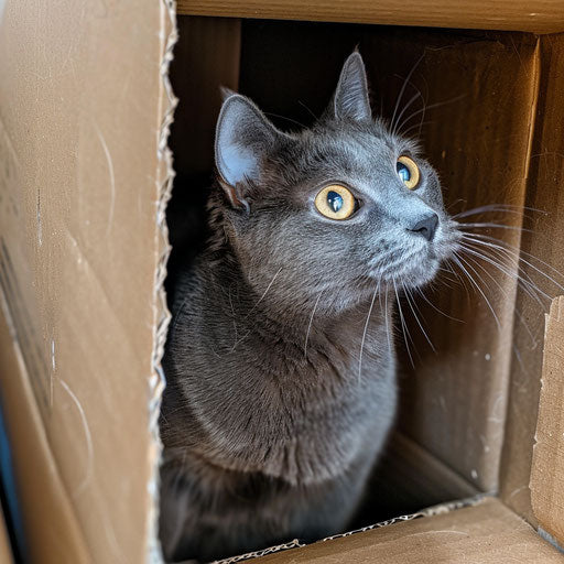 Gray cat in cardboard box, intriguingly taboo style