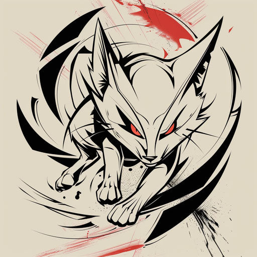 Dynamic tattoo sketch of a kitsune leaping