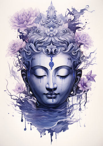 Painting of a buddha, tattoo inspired style, navy and violet