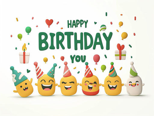 Happy birthday with smiling emoji and gifts