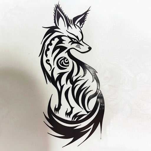 Tribal style fox tattoo with bold black strokes and patterns on white background