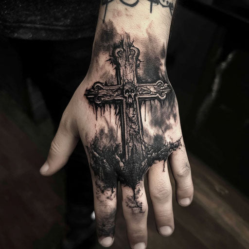 Creepy cross tattoo on hand