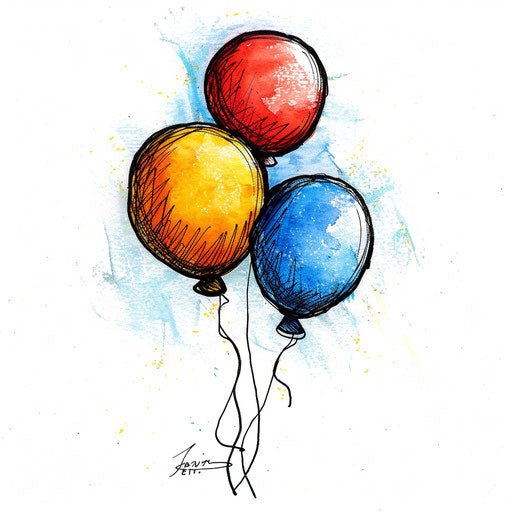 Three dots as balloons floating upwards in bright colors