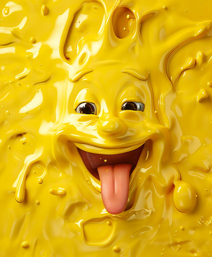 Yellow emoji face with tongue out in fluid motion, elaborate