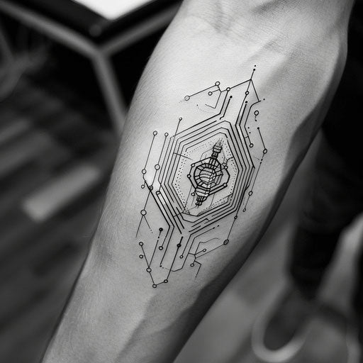 Futuristic flat tattoo sketch featuring a hexagon with digital circuit patterns