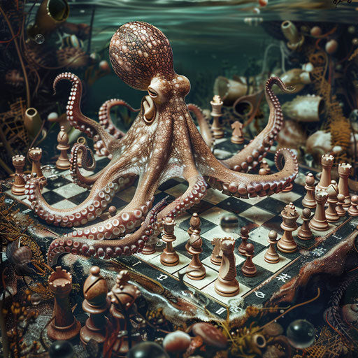 An octopus playing chess underwater