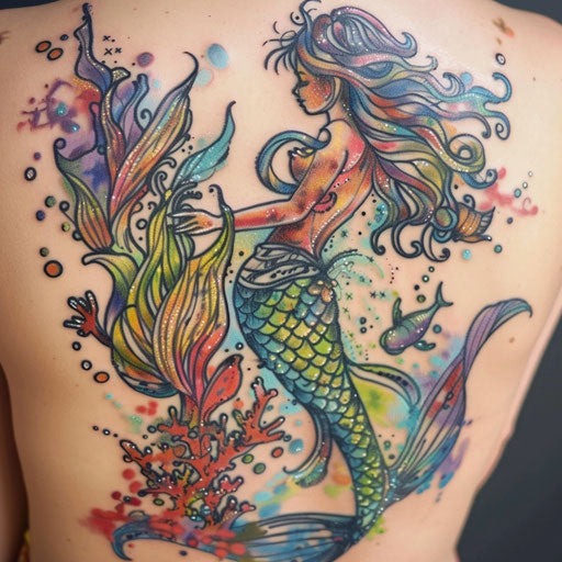 Vibrant mermaid tattoo with sea creatures and coral