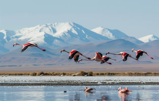 Pink flamingos flying over SRA lake in Uyuni with snow-capped Andes