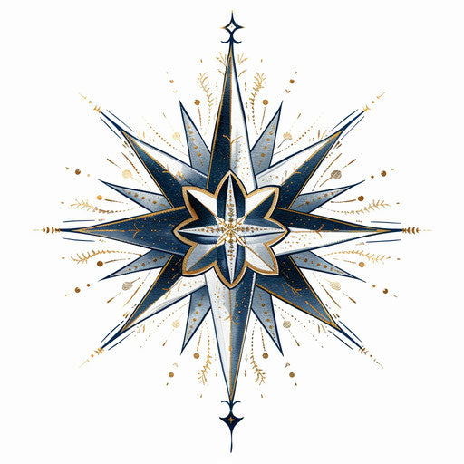 Neo-traditional compass rose in navy blue and gold