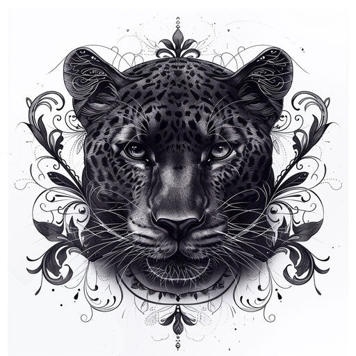 Gothic-inspired panther tattoo with dark intricate linework on stark white background