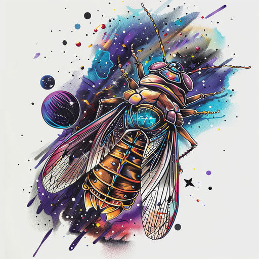 Cosmic tattoo sketch of a cicada with deep space colors