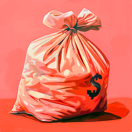 Realistic money bag clipart on vibrant coral background