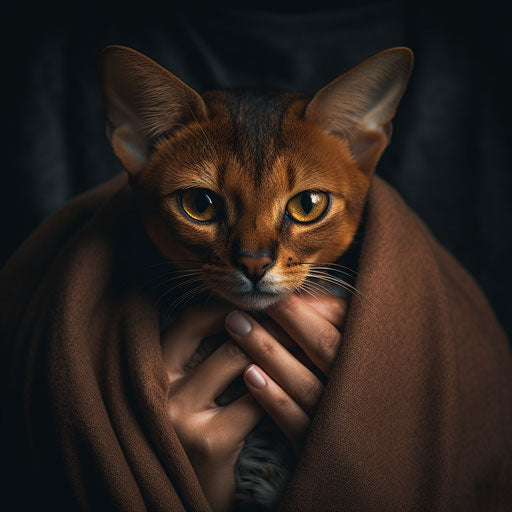 Abyssinian cat held by its owner