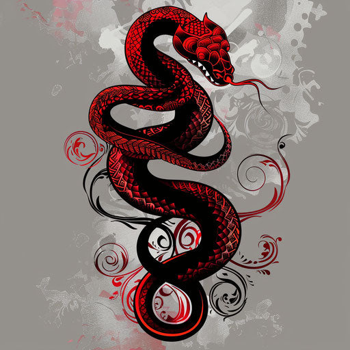 Decorative flat tattoo sketch of a red snake with Baroque patterns, rich reds and blacks, clipart style