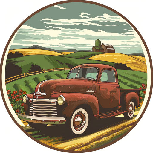 Farm logo with vintage truck and countryside backdrop