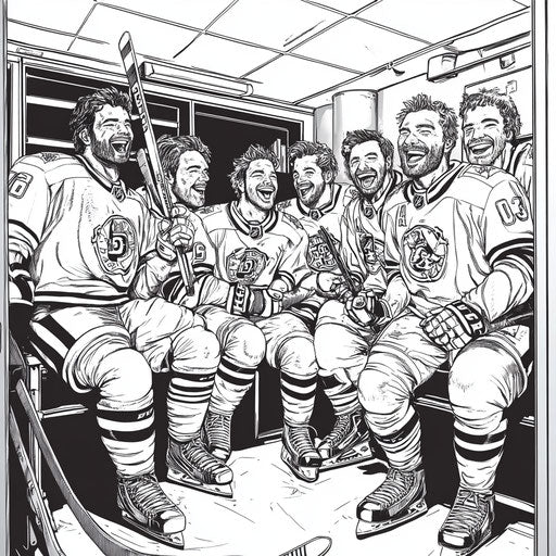 Hockey team celebrating in a locker room, Mark Schultz style