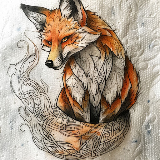 Fox tattoo with Celtic patterns on pure white background