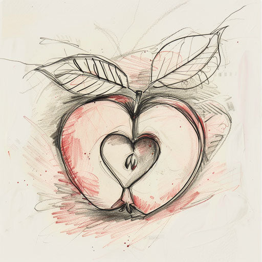 An elegant tattoo of a sliced apple revealing a heart