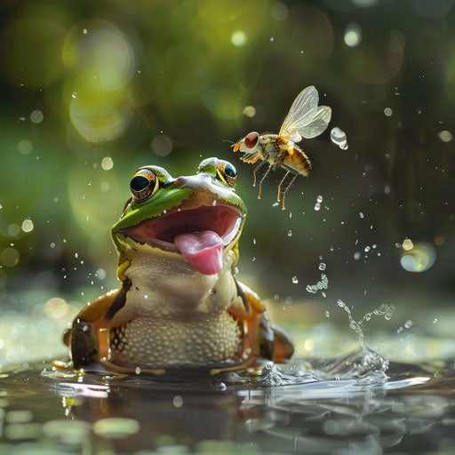 The frog catches a fly with its quick tongue