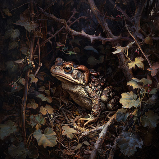 Bright eyes of a Western leopard toad in dimly lit underbrush at twilight